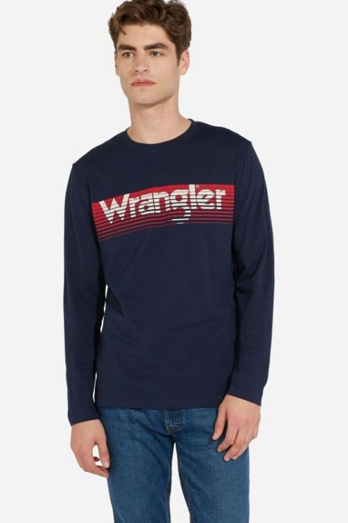 Immagine di MAGLIETTA T-SHIRT MANICA LUNGA UOMO WRANGLER NERA BLU RIGHE.con SCRITTA COTONE