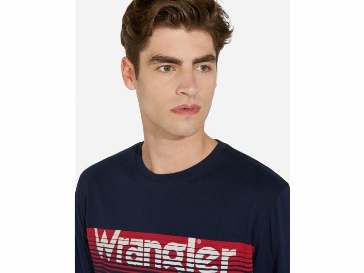 Immagine di MAGLIETTA T-SHIRT MANICA LUNGA UOMO WRANGLER NERA BLU RIGHE.con SCRITTA COTONE